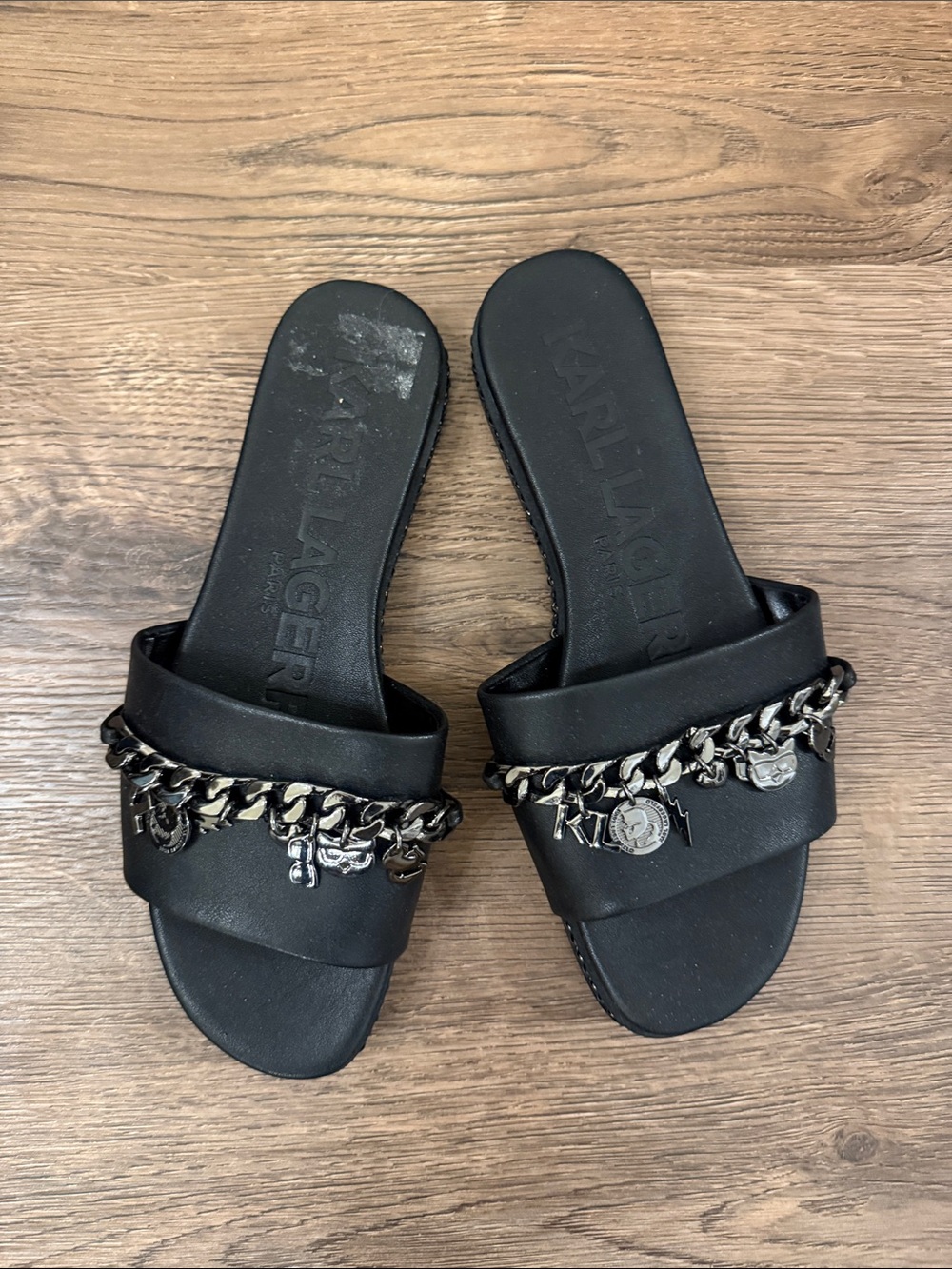 Karl Lagerfeld Black Chain-Trim Slide Sandals Size 8.5